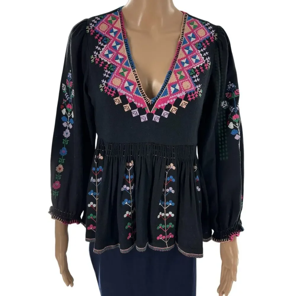 Ulla Johnson Black Maja Embroidered Peplum Peasant Blouse